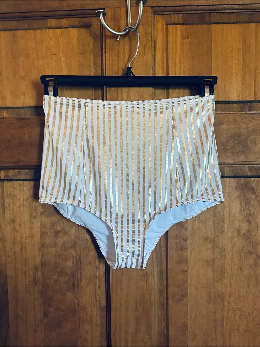 Kortni Jeane White high waisted Bikini Bottoms with Gold Metallic Stripes medium